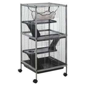 Metal Small Animal Cage Rolling Big Ferret Cage, Chinchilla Cage, Sugar Glider Cage, With Hammock & 4 Tiers, Removable Tray, Gray (Option: Gray-550x550x240 mm)