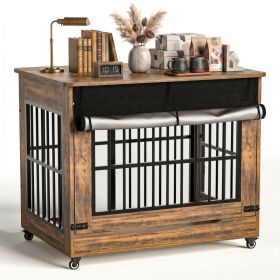 42in  Large Dog Crate Furniture, Double Door Wooden Indoor Dog Kennel Furniture, Decorative Pet Cage End Table With Wheels For Large Breed Dogs, (Option: Rustic Brown)