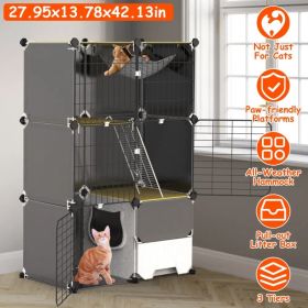 1Pc 3 Tier Cat Cage Indoor with Litter Box Hammock Detachable Metal Wire Cat Kennel Cat House Cat Enclosure with Ladder for 1-2 Kittens (Option: Black)
