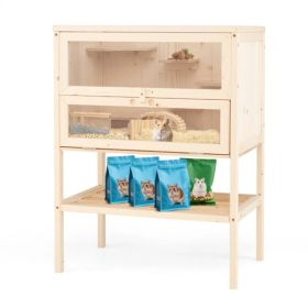 31.5 " Fir Wood Hamster Cage with Flip Mesh Roof, Multi-Level Activity Areas & Bottom Storage Shelf (Option: default title)
