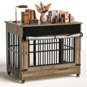 42in  Large Dog Crate Furniture, Double Door Wooden Indoor Dog Kennel Furniture, Decorative Pet Cage End Table With Wheels For Large Breed Dogs, (Option: GREIGE)
