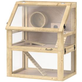 3 Tier Wooden Hamster Cage w/ Detachable Bottom, Hut, Seesaw, Exercise Wheel, Ramps, 24" x 16" x 29.5" (Option: Natural Wood-900x470x220 mm)