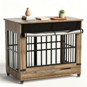 46in Large Dog Crate Furniture, Double Door Wooden Indoor Dog Kennel Furniture, Decorative Pet Cage End Table With Wheels For Extra Large Breed D (Option: GREIGE)